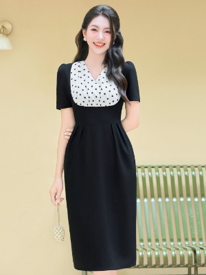 Đầm Đen Bút Chì Phối Chấm Bi