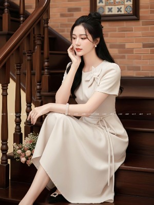 Đầm Be Xám Hoa Lyly 