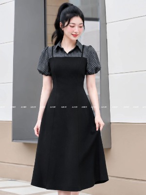 Đầm Liền Đen Caro Tay Bồng 