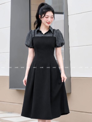 Đầm Liền Đen Caro Tay Bồng 