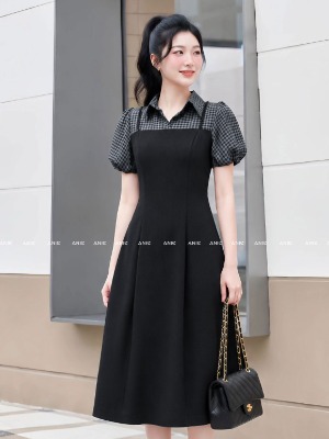 Đầm Liền Đen Caro Tay Bồng 