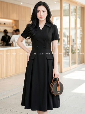 Đầm Xếp Ly 2 Túi Đen Ánh Nâu