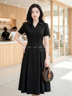 Đầm Xếp Ly 2 Túi Đen Ánh Nâu