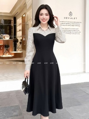 Đầm Sơ Mi Sọc Phối Đen Tay Dài