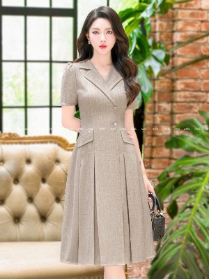 Đầm Cổ Vest Midi Xếp Ly