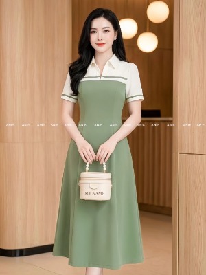 Đầm Cổ Phối Màu OLi