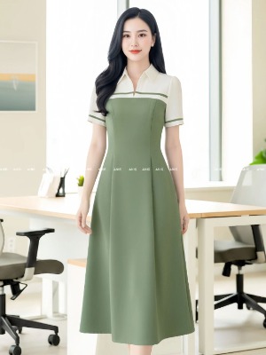 Đầm Cổ Phối Màu Xanh OLi