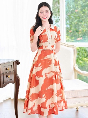 Đầm Lụa Sóng Cam Cổ Ngọc