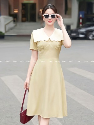 Đầm Vàng Be Cổ Gợn Sóng