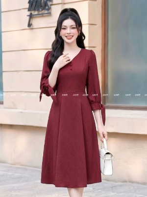 Đầm Xoè Đỏ Mận Tay Lỡ 