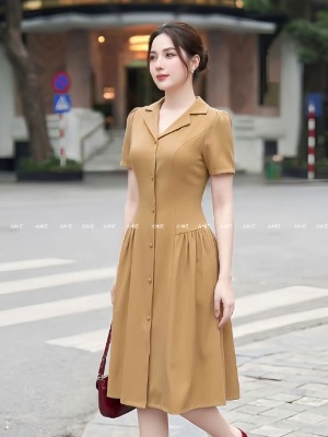 Đầm Xoè Vàng Ánh Nâu Cổ Sơ Mi