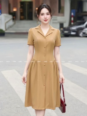 Đầm Xoè Vàng Ánh Nâu Cổ Sơ Mi