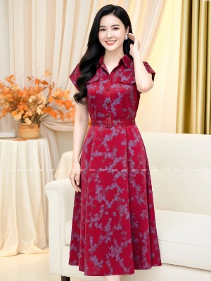 Đầm Lụa Đỏ Hoa Văn Classy