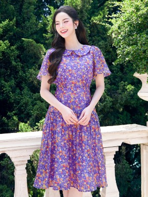 Đầm Tơ Hoa Nhí Tím Violet 2 Lớp