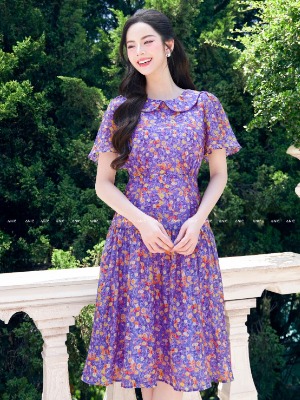 Đầm Tơ Hoa Nhí Tím Violet 2 Lớp