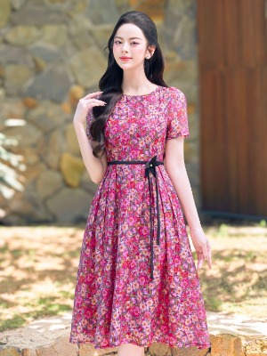 Đầm Xòe Hoa Xếp Ly Đai Liền