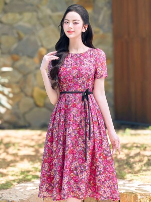 Đầm Xòe Hoa Xếp Ly Đai Liền
