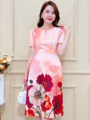 Đầm Hoa Đỏ Nền Cam Luxury