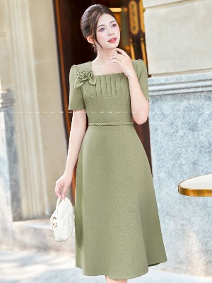 Đầm Xanh Kết Hoa Tết Đai Eo