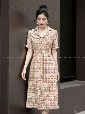 Đầm Tweed Dáng A Cổ Cách Điệu 