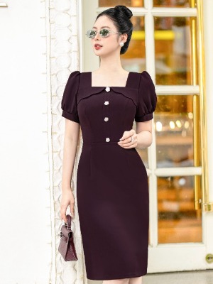 Đầm Tím Đính Cúc Cổ Vuông